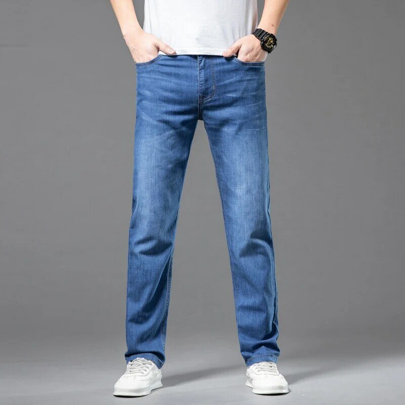 Jeans reto e fino para homens, calça comprida casual, roupa de escritório empresarial, nova, verão 2024