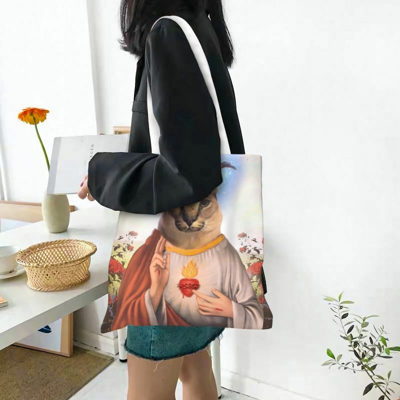 Kawaii Printed The Holy Floppa Tote Shopping Bags Portable Canvas Shoulder Shopper Cat Handbag