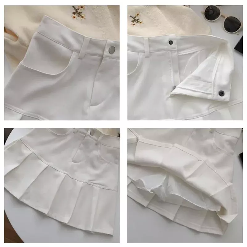 Saia plissada y2k harajuku branco lápis saia uniformes calças de segurança verão cor sólida casual mini kawaii saia moda