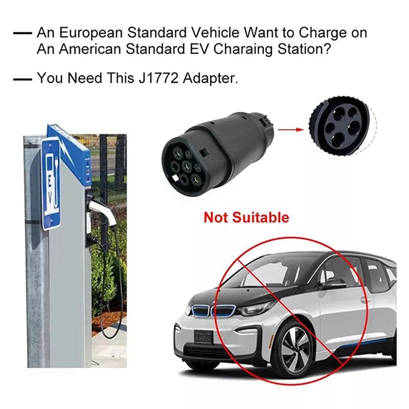 4X EVSE EV Adaptor 32A J1772 Type 1 To Type 2 Plug EV Adapter, Electric Cars Vehicle Charger Charging Connector