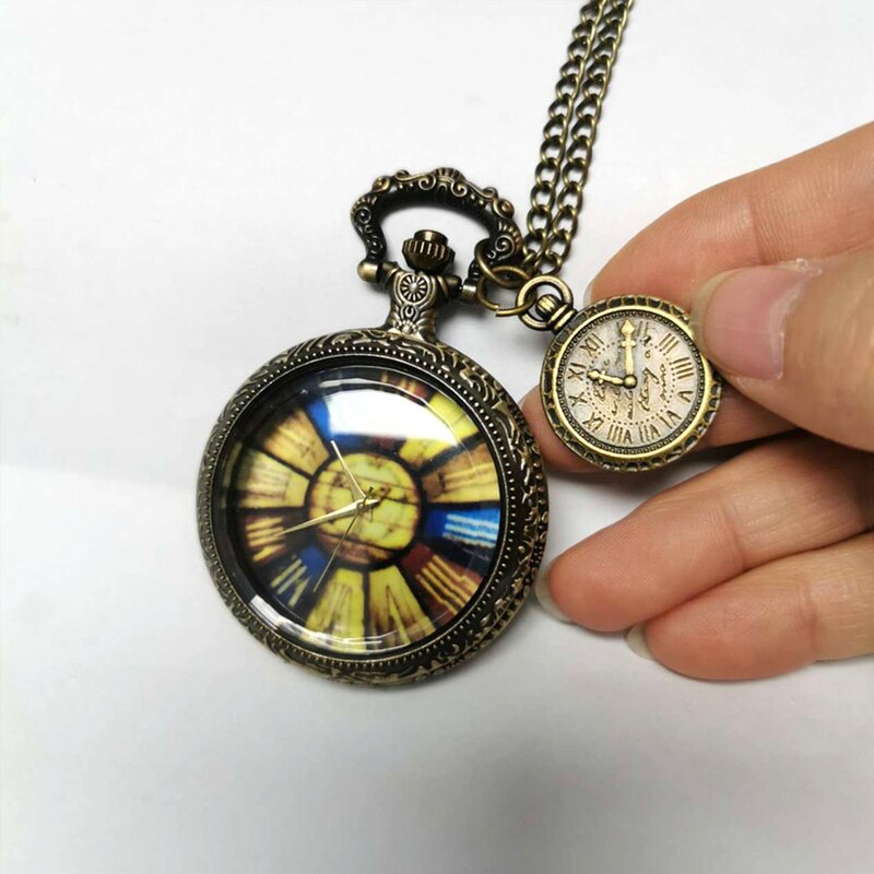 Nova moda capa de vidro colorido roma bronze quartzo bolso relógio colar retro números romanos pingente relógio reloj com acessório