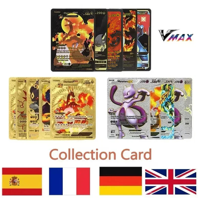 Cartas de Pokémon de colección, 55 piezas, doradas, Ultra raras, 3D, Pikachu, Charizard, coloridas, doradas, Vmax, DX, GX, plateadas y negras