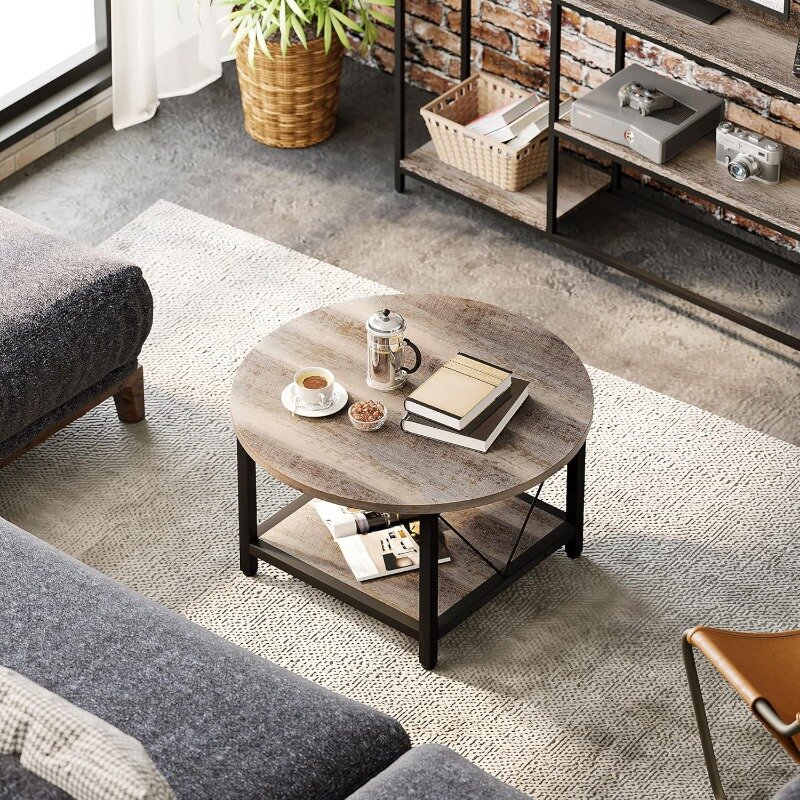 Yitahome runder Couch tisch, rustikale Holz Couch tische für Wohnzimmer mit Ablage fach, moderner Bauernhaus Kreis Couch tisch