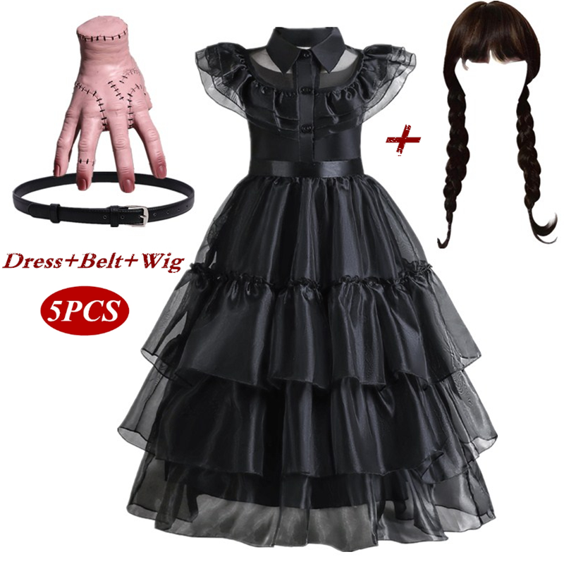 Wednesday Addam Costumes for Girls 2023 Movie Wednesday Mesh Dress Halloween Carnival  Gothic Winds Party Dress Up for 3-10 Yrs