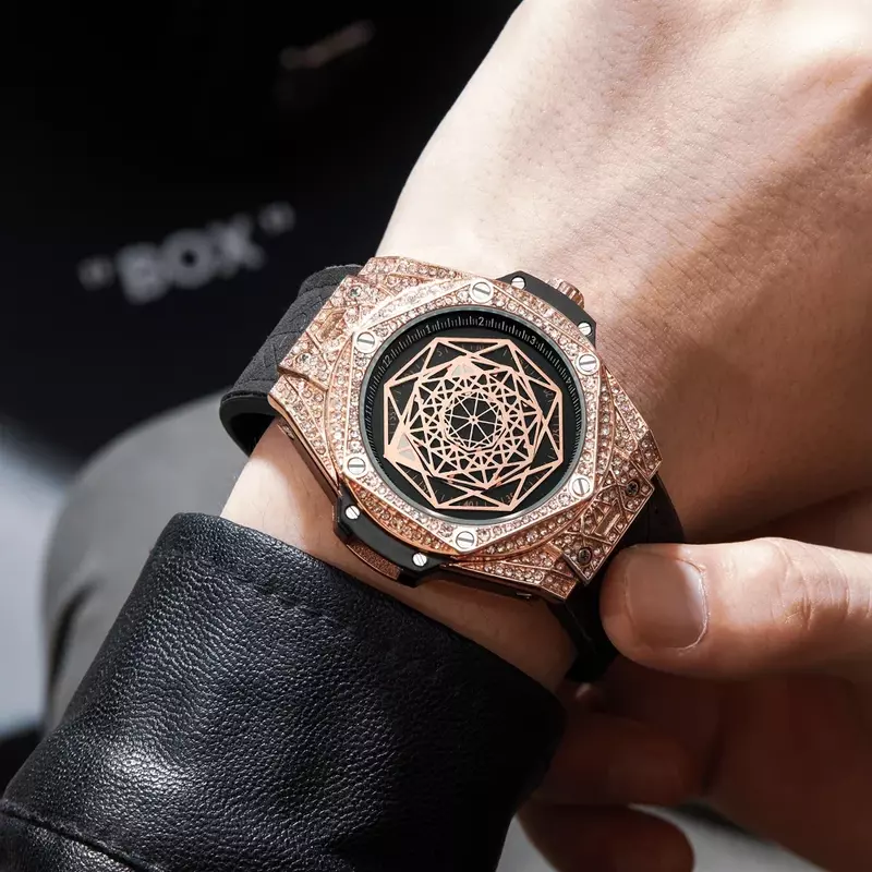 Relógio Hip Hop impermeável masculino, relógios exclusivos com mostrador grande, diamante de luxo, Ice Out, moda, novo