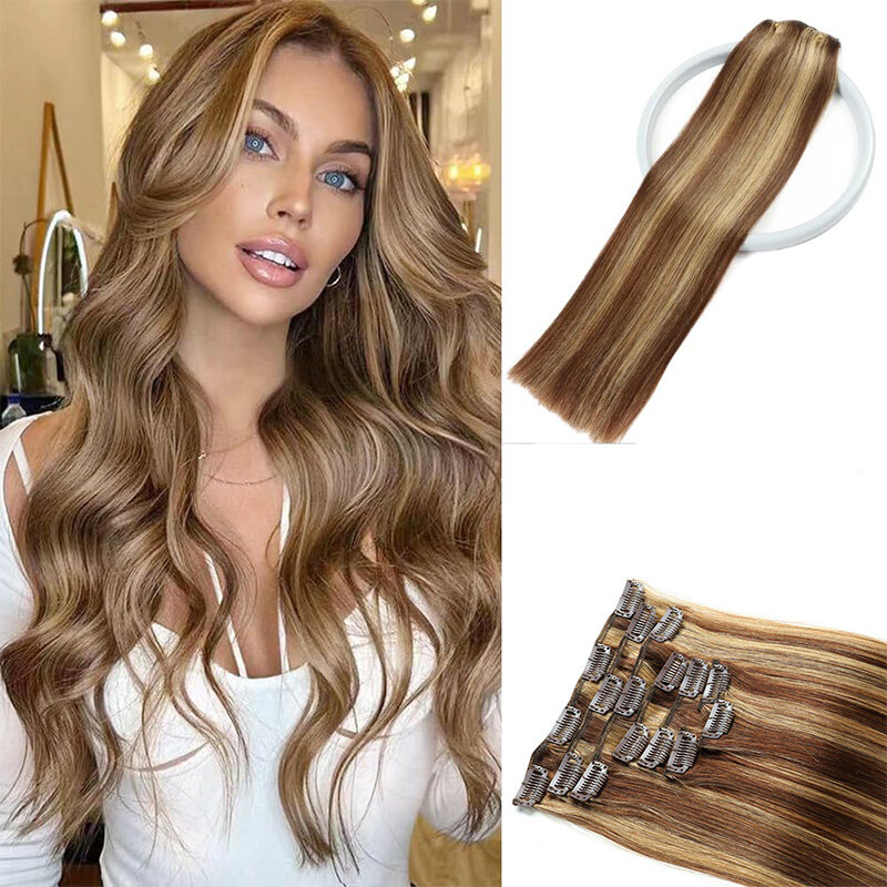 Clip in Hair Extensions Remy Hair 8PCS/Set with 17Clips Double Weft Straight Clip in Human Hair Extensions Brown To Blonde P4/27