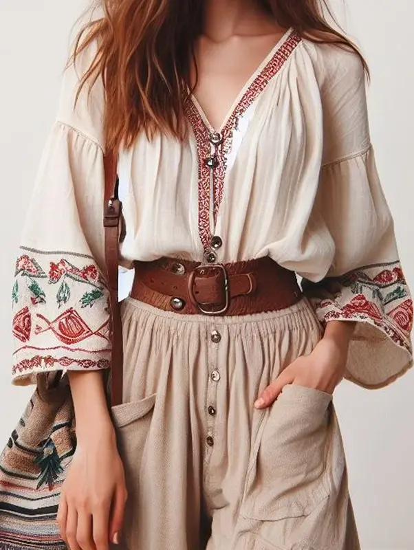 Boho Blouse Floral Pattern Patchwork V Neck Ethnic Style Women Tops Single Breasted Buttons 3/4 Sleeve Chic Loose Shirts