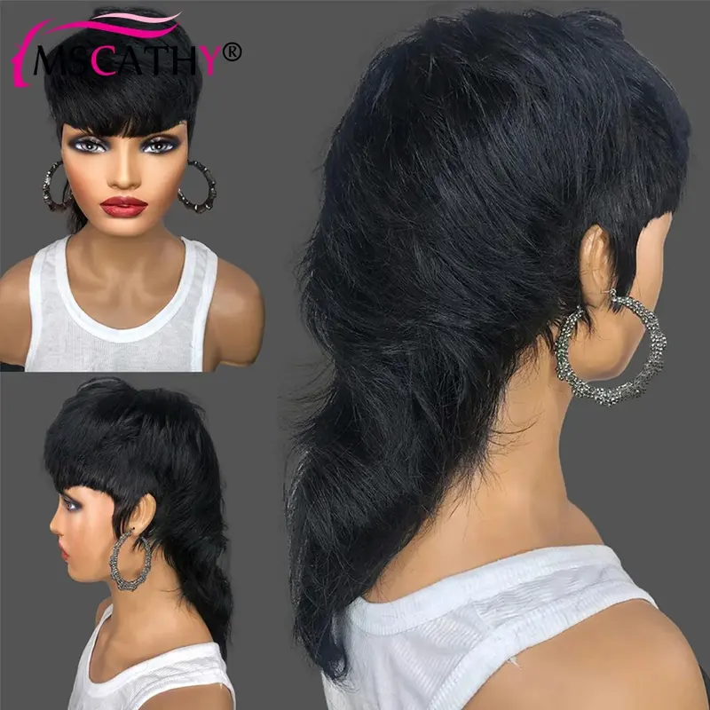 Pelucas de cabello humano brasileño Remy para mujer, pelo corto ondulado con flequillo, sin pegamento, listo para usar, hecho a máquina