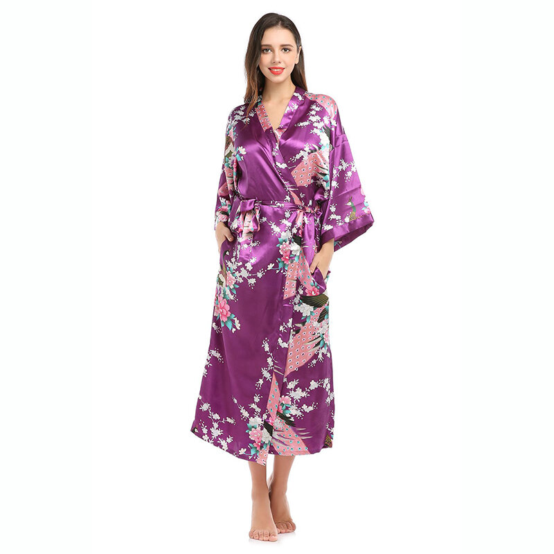 Womens seda cetim quimono robes longo sleepwear roupão de banho floral pavão impresso padrão festa casamento dama de honra roupão
