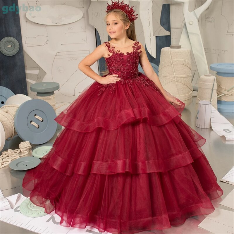 Flower Girl Dress Red Layered Fluffy Tulle Bow Sparkly senza maniche Wedding Flower Child comunione Birthday Party Dress Girl Gift