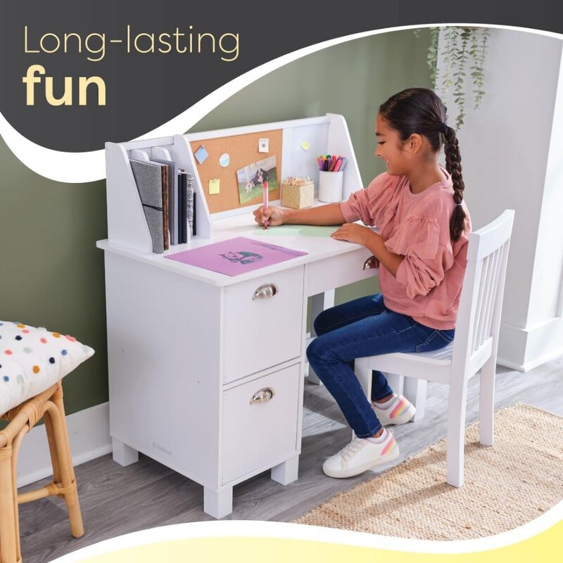 Bulletin Board and Cabinets Children's Table Wooden Study Desk for Children With Chair White Freight Free Child Furniture