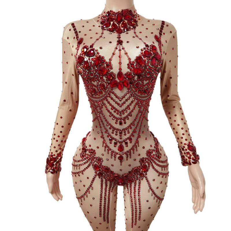 Women Sexy Stage Red Pearls Stretch Bodysuit Stage Dance Wear Jumpsuit Women's Party Female Singer Costume Celebrate Outfit
