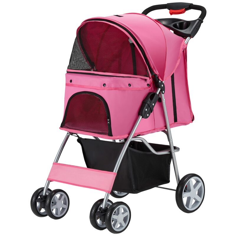 Cochecito plegable para perros y gatos, carrito rosa de 4 ruedas para mascotas medianas y pequeñas, para correr