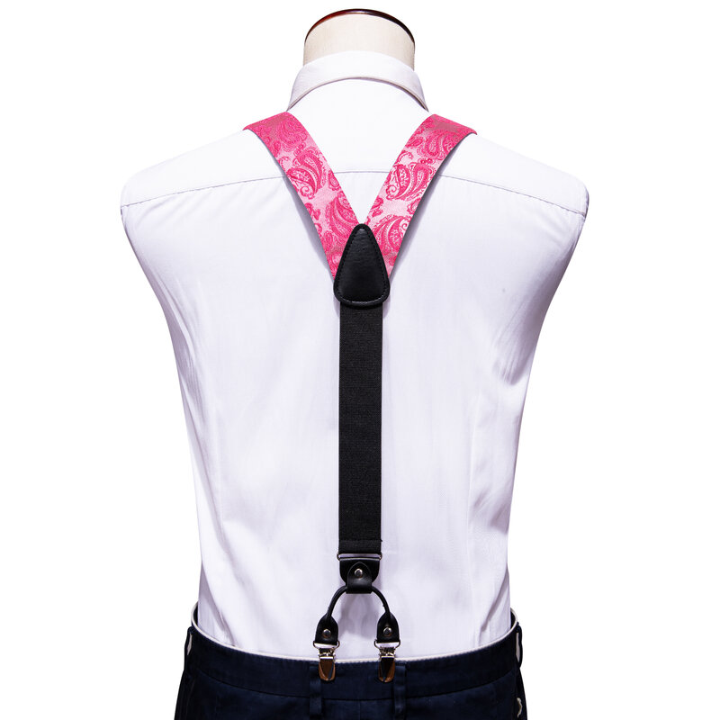 Wedding Peach Pink Silk Suspenders For Men Exquisite Paisley Jacquard Bowtie Kerchief Cufflinks Sets Groom Party Barry.Wang 2075