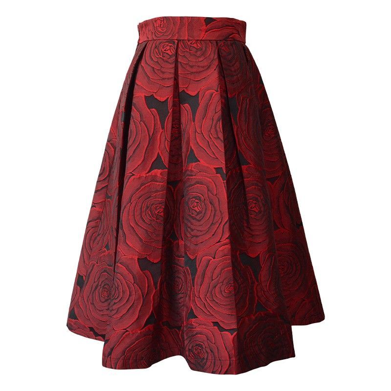 Женская Жаккардовая юбка с цветочным принтом, длинная Плиссированная Юбка трапециевидной формы с завышенной талией в стиле ретро, винтажная элегантная юбка в стиле Хепберн, Q589, для осени