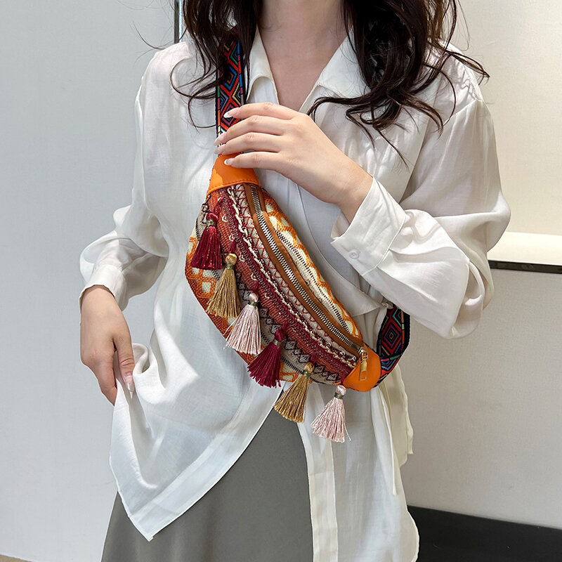 Cintura Oxford feminina com borla, pacote de peito casual, versátil em patchwork, estilo étnico, alta qualidade, à venda, 2023