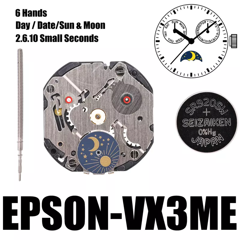 Часовой механизм VX3M Epson VX3ME VX3, кварцевый механизм серии 2.6.10 секунд, размер: 10 1/2 '', 6 стрелок, день/дата, солнце и луна
