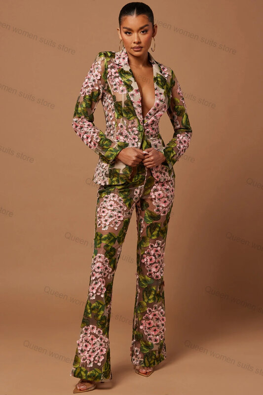 Женский костюм-двойка с цветочным принтом, блейзер и брюки