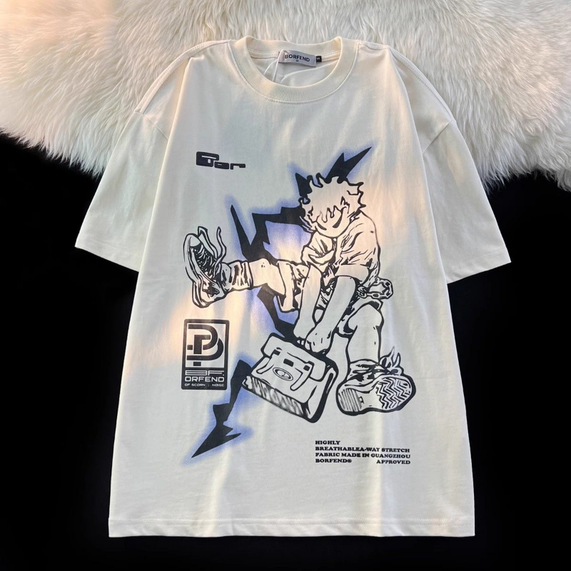 Camiseta de manga corta de dibujos animados para mujer, Tops holgados de pareja de calle alta, estilo Retro americano, Hip hop, Ins, manga de cinco cuartos, Verano