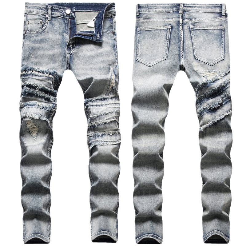 2024 Herbst neue europäische und amerikanische Wind Cut Splice Folding Raw Edge Full Sweep Prozess Slim-Fit Re-Wash Wasser Jeans