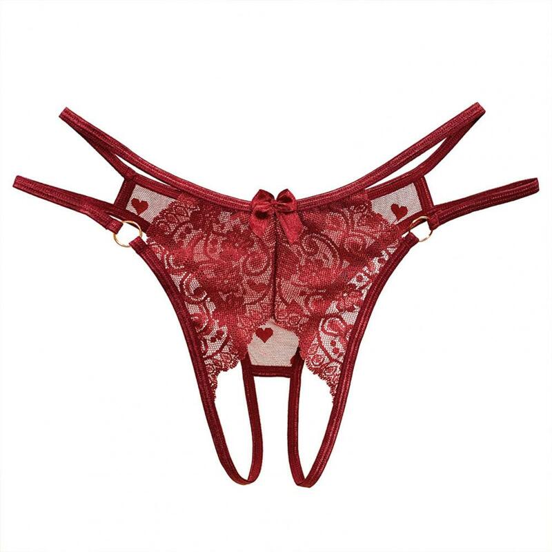 Sexy Lace Panties See-through Embroidery Flower Thong Metal Ring Bowknot Decor Opening Crotch Low-rise Briefs