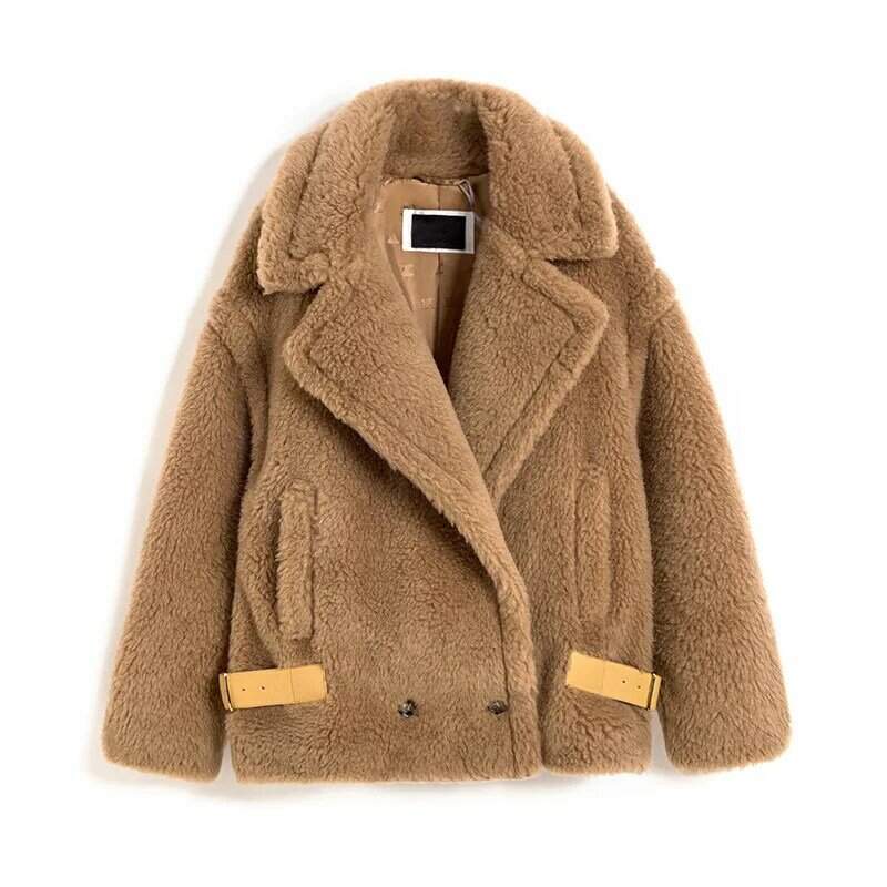 Teddy Bear Camel mantel wol wanita, mantel bulu pendek wol domba asli 2023, mantel musim dingin