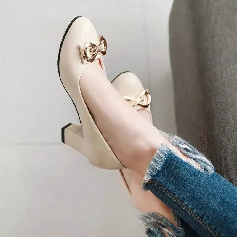 Solid Pointed Toe Pumps High Heel Slip-on 2024 Fashion Ladies Shoes Spring/autumn Metal Decoration Square Heel Casual Pumps