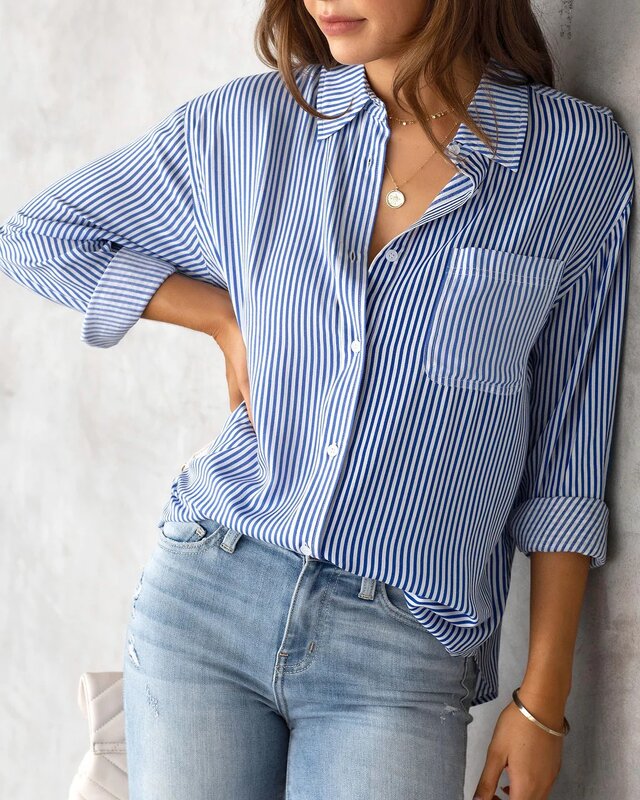 Loose Striped Women's Top, Elegant Long Sleeved Lapel Top, Oversized Cotton Casual Top, Novelty Of 2024 Shirts & Blouses Blusas