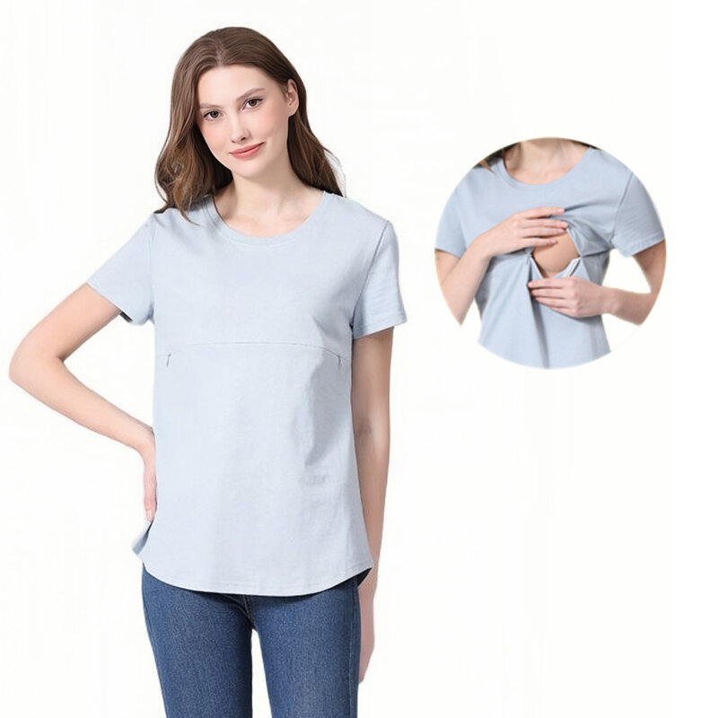 Summer Maternity Clothes Breastfeeding Tops Shortsleeve Cotton Lactation Tshirt Zip Nursing Tees For Pregnant Women Big Size 5XL