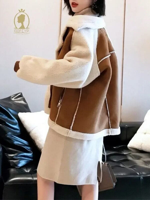 Casaco de cordeiro feminino com bolsos cropped, outerwear vintage coreano, casacos soltos casuais, patchwork, outono, inverno, novo, 2023