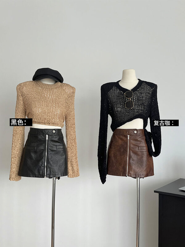 Women Leather A-Line Skirt Clubwear Female Gothic Casual High Street PU Mini Skirt Zipper Design Spring Summer American Vintage
