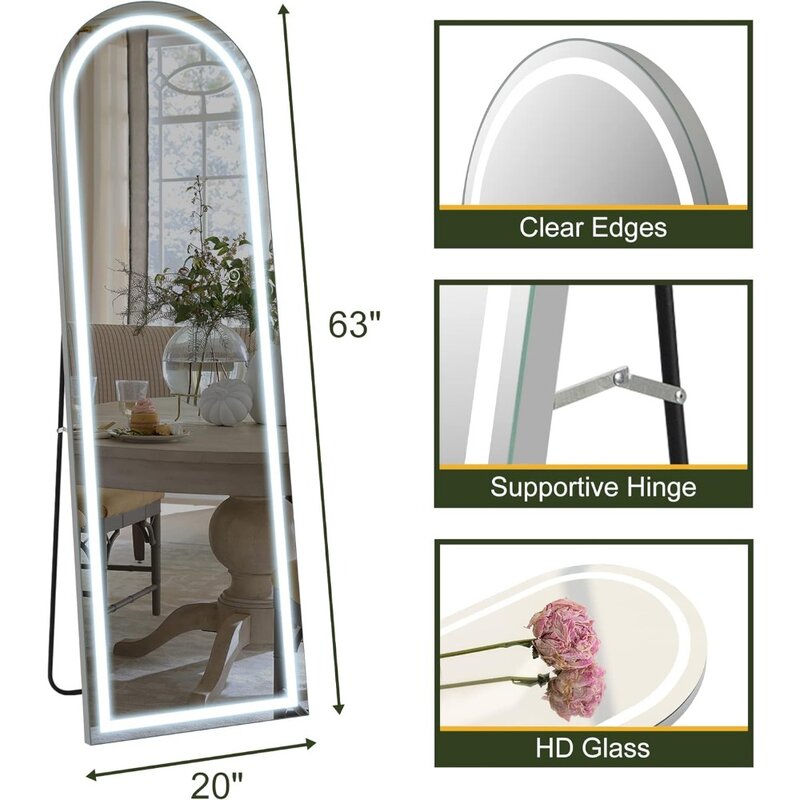 Specchi da pavimento a tutta lunghezza 63X20 pollici specchio ad arco a figura intera con luci a LED specchio da parete argento soggiorno
