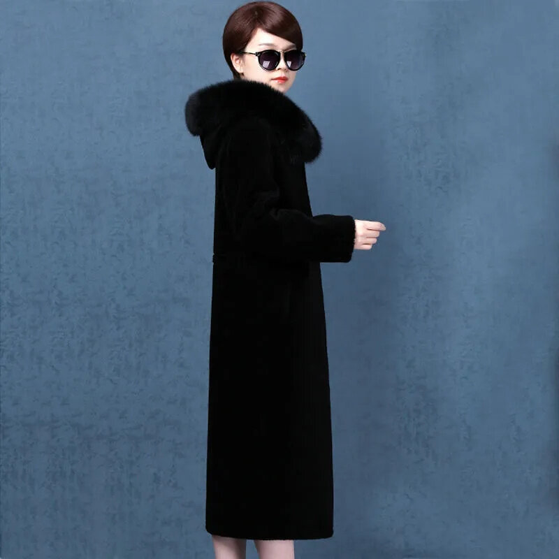 8XL Faux Fur Overcoat กลางอายุผู้หญิงยาว Mink Coat หญิงฤดูหนาวใหม่กันลมมีฮู้ดความอบอุ่น Outcoat Femme เสื้อขนสัตว์