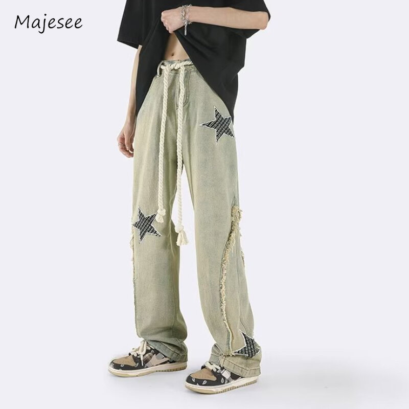 Mens Jeans Trendy Popular Vintage American Style Unisex Leisure Star Drawstring Youthful Spring Autumn Streetwear All-match Chic