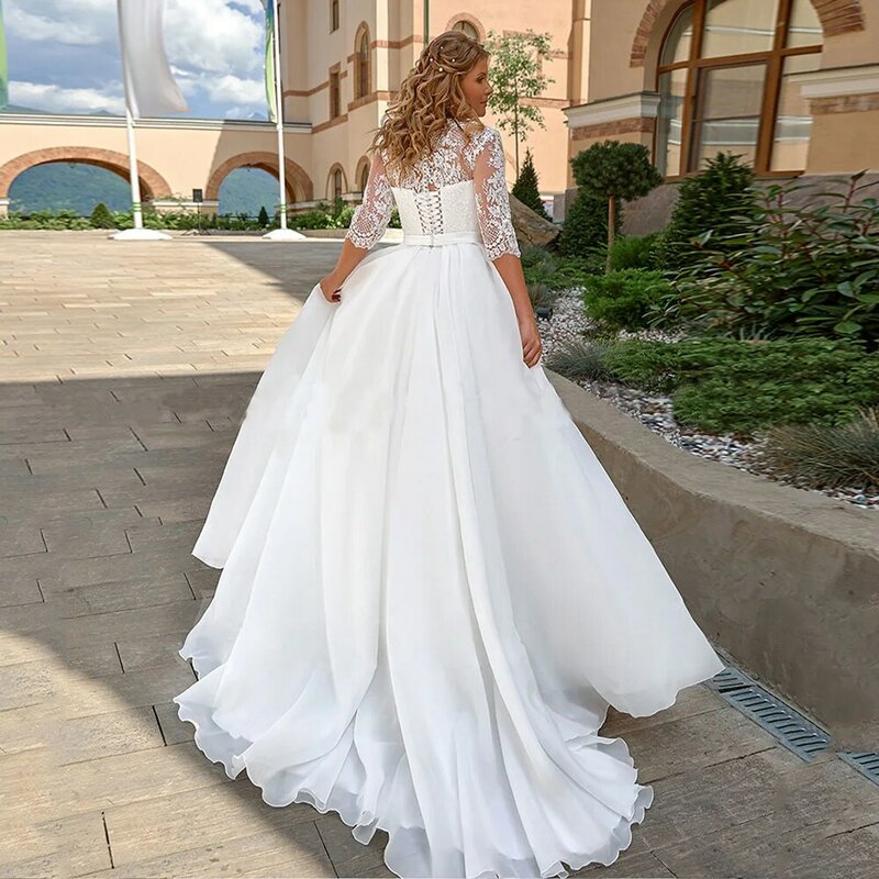 Elegant Plus Size Wedding Dress for Woman Half Sleeves V Neck Applique Sweep Train A Line Lace up Bridal Gown Robe De Mariee