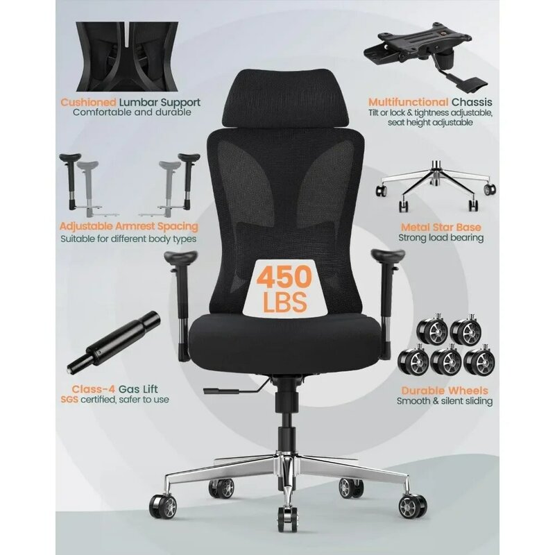 Офисное кресло, из сверхпрочного материала, регулируемые подлокотники, эргономичное кресло для дома и офиса с сильной поддержкой талии, черного цвета