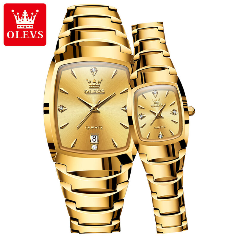 Olevs-男性と女性のためのカップル腕時計、タングステン鋼ストラップ、防水、自動日付、時計、高級ブランド、オーバークォーツ腕時計、新しい