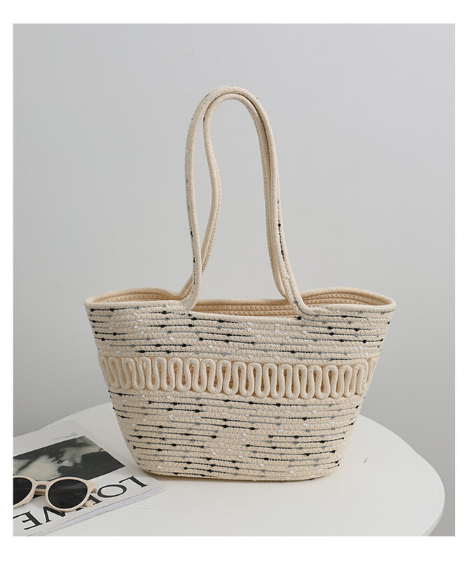 Хлопковая плетеная Сумка на одно плечо, новинка, летняя вместительная французская соломенная сумка, Женская Приморская модель