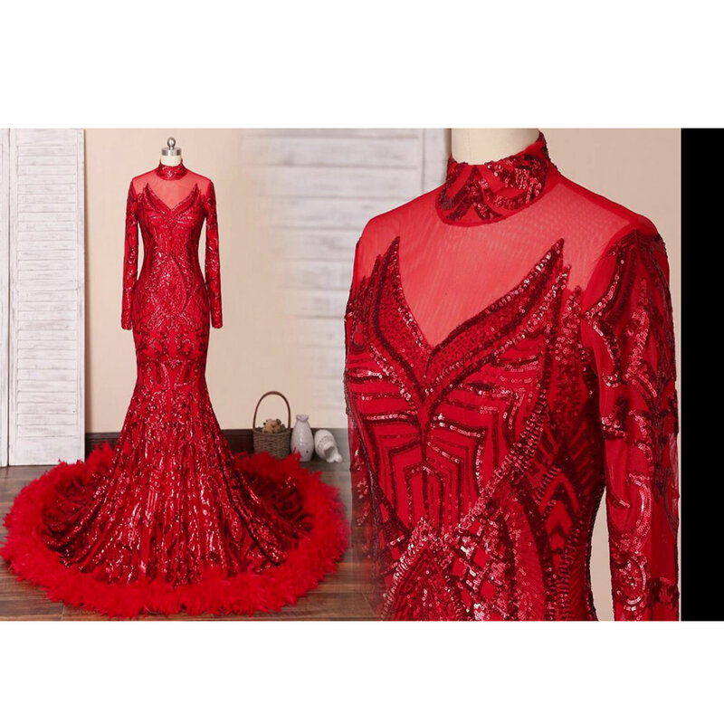 Elegant Red พรหมเต้นรำหญิง Gowns แขนยาว Mermaid Feather Evening Party เสื้อผ้า