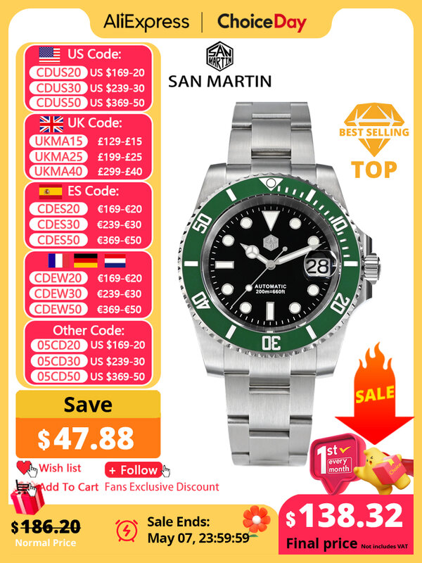 Мужские наручные часы San Martin, 40 мм, водонепроницаемые автоматические механические часы с сапфиром, 200 м, SN0017
