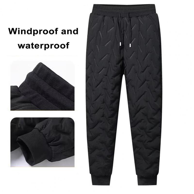 Warm Fleece Lined Men Trousers Men's Winter Down Sweatpants with Elastic Waistband Thick Fleece Lining Waterproof for Streetwear