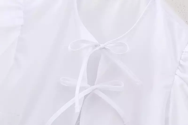 Tops plisados informales recortados para mujer, camisas de manga corta abullonadas Vintage, Tops elegantes con decoración de cordones, 2024