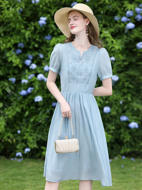 Женское платье с вышивкой I BELIEVE YOU, французское элегантное однотонное платье-трапеция с коротким рукавом, лето 2024
