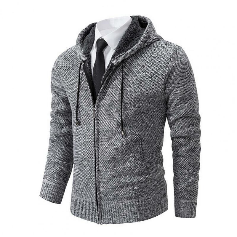 メンズフード付きシングルブレストニットセータージャケット、スタンドカラーカーディガン、厚手の暖かいコート、春、冬