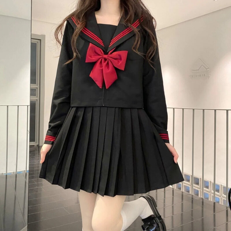 Japanese School Uniform Girl Jk Suit Red Tie Red Three Basic Sailor Uniform Women Sexy Spring and Autumn Long Sleeve Suit