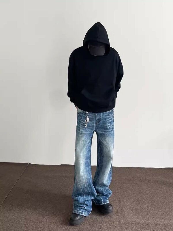 REDDACHIC Vintage Wash pomarszczone workowate dżinsy dla mężczyzn niebieskie popękane dorywczo szerokie spodnie dżinsowe luźny krój spodnie Y2k koreańskie ubrania