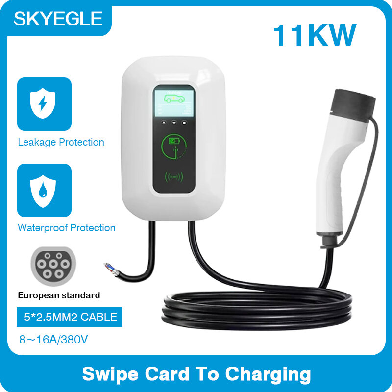 SKYGLE-Tipo 2 Wallbox EV Charger, 7KW, 32A, 1 Phrase, Swipe Card, estação de carregamento, 11KW, 3 Phase para carro elétrico EV