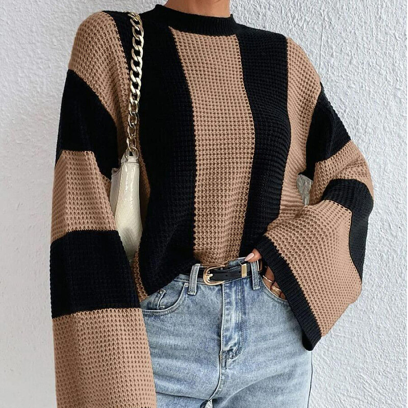 Women's Colorblock Bell Sleeve Mock Neck Knit Sweater Pullover Top