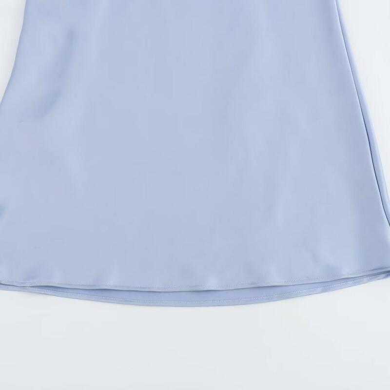 เดรสผ้าซาตินสีฟ้าสำหรับผู้หญิงชุดเดรสยาวเปลือยหลังแขนกุดวินเทจชุดเดรสราตรีกระโปรงหนังแฟชั่นคอปก