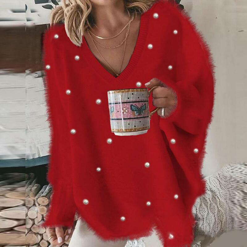Suéter con cuello en V para mujer, suéter de felpa con detalles de cuentas, Top de punto cálido, Color sólido, suave, cálido, Invierno